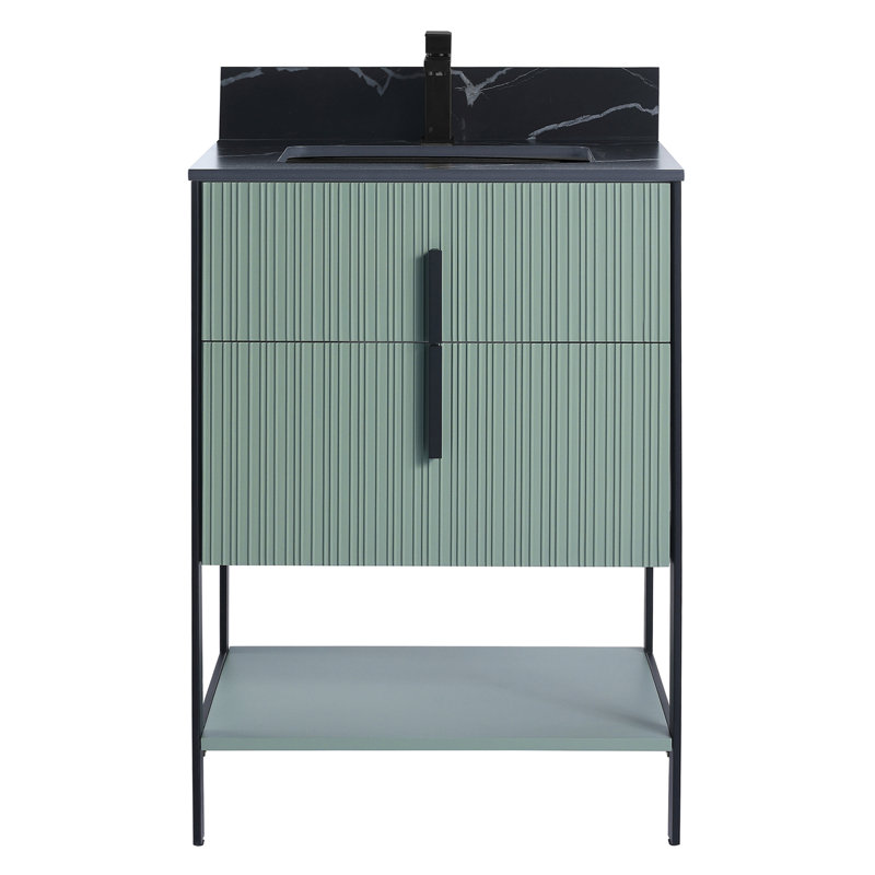 Meuble-lavabo moderne avec plateau en pierre Serenity, Vert menthe / noir, 24", Pierre d'ingénierie noire