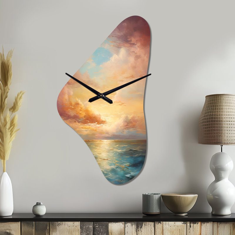Océan coucher de soleil céleste symphonie - horloges asymétriques en métal coucher de soleil, horloge murale de forme irrégulière bleu sarcelle