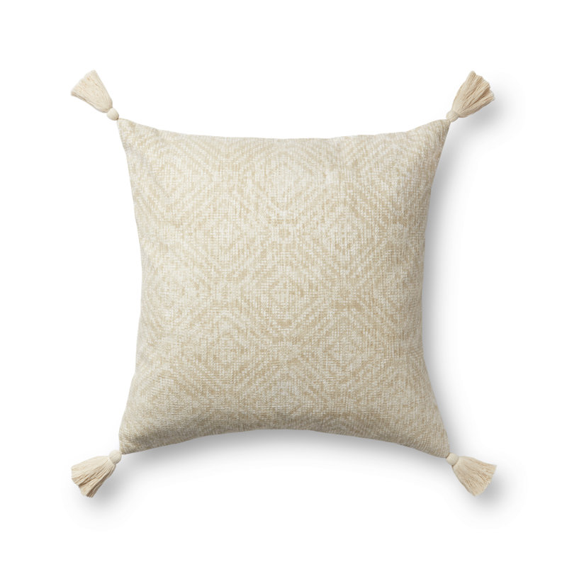 Tassels Cotton Throw Pillow, Ivory, Down