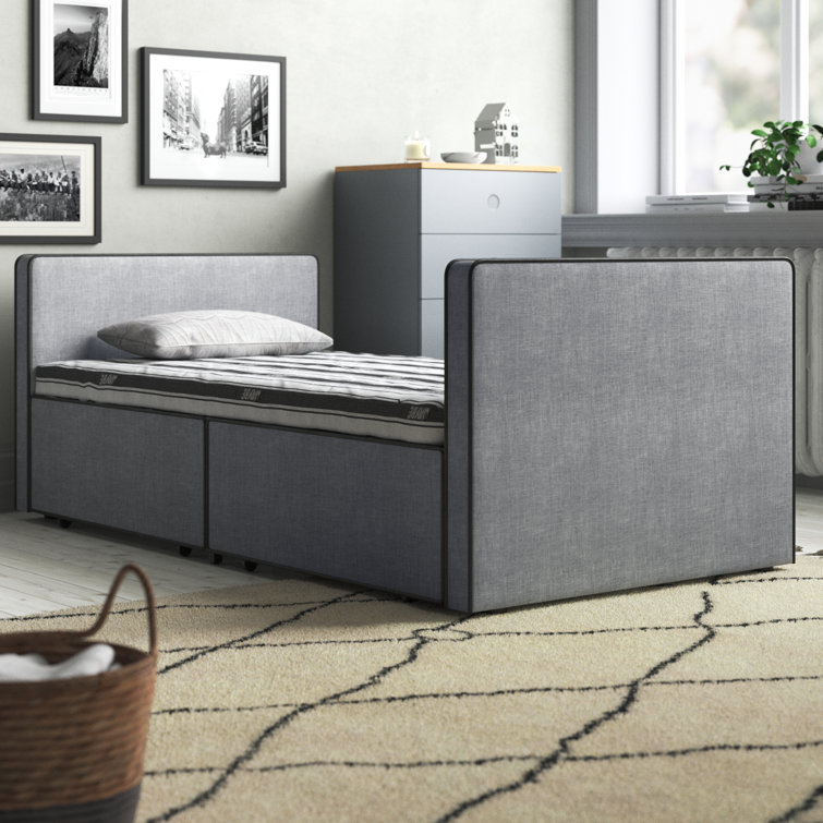 Christi Twin Upholstered Daybed with Storage Drawers, Vegan Leather Piping, No Box Spring Needed