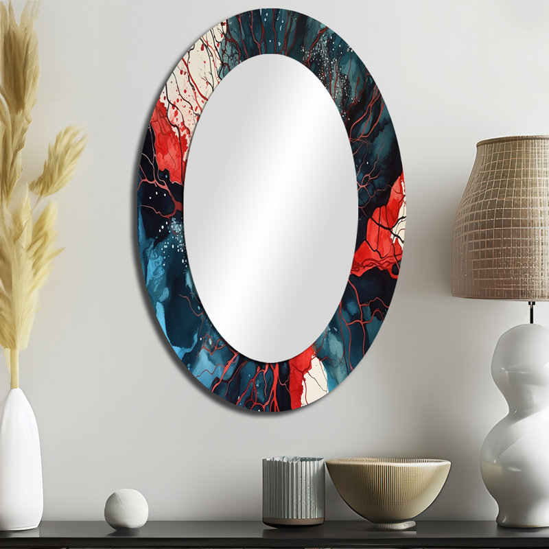 Blue Red Captivating Liquid Ink III - Large Oval Wall Mirror On Metal, 36" x 24"