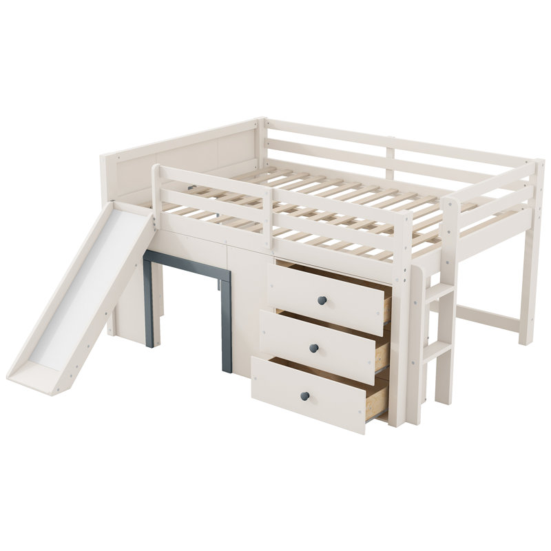 Full Low Loft Bed With Storage, Beige