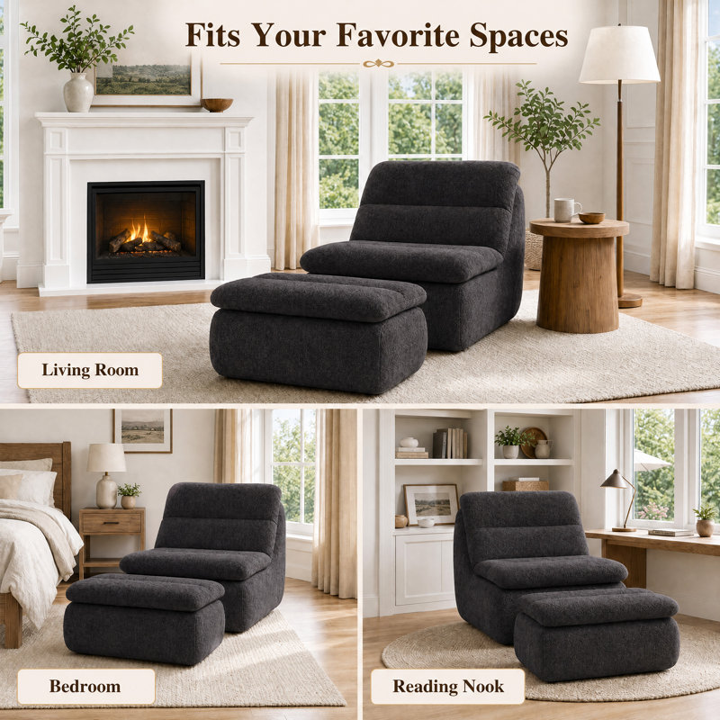 33"Compression Chenille Memory Foam Accent Chair And Ottoman Set - Armless  Frameless Lounger Sofa with Deep Seat No Assembly Required