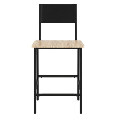 Tabouret à hauteur de comptoir avec siège en faux bois rustique, finition noire, polyvalent pour plusieurs espaces de repas, zones d'installation rapide,