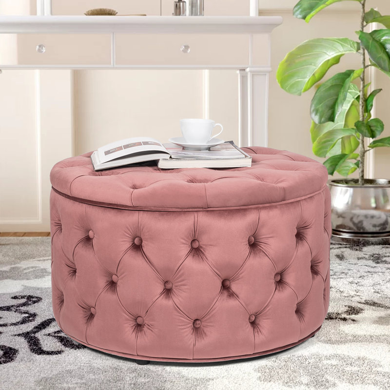 Amram Tufted Round Storage Ottoman, Blush Pink Velvet