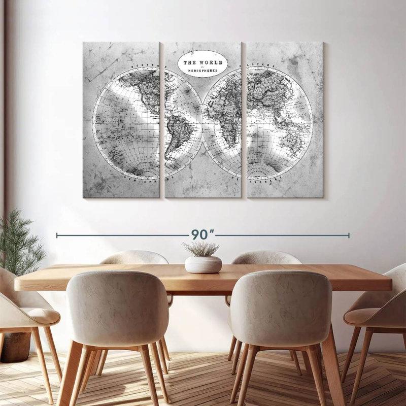 Carte du monde 3 pièces «BW Map» par Tess P, H 48 po x l 74 po x P 1,25 po