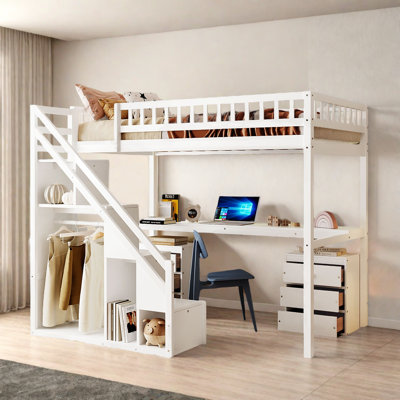 Modern Lighted Loft Bed With Storage Stairs, Desk And Two 3-drawers Dressers