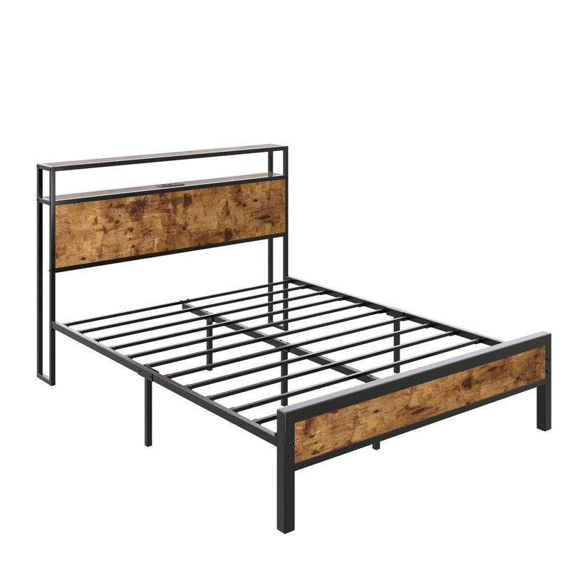 Queen Size Platform Bed Frame With 2-tier Storage Headboard/ Charging Station,Rustic Brown, Rustic Brown, Queen