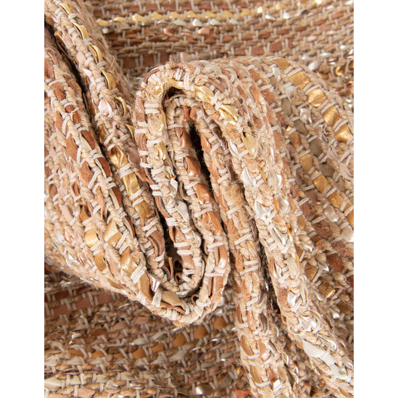 Handwoven Ivory and Brown Leather Jute Rectangular Rug