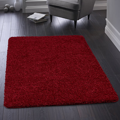 Solid Colour Shaggy Red Area Rug