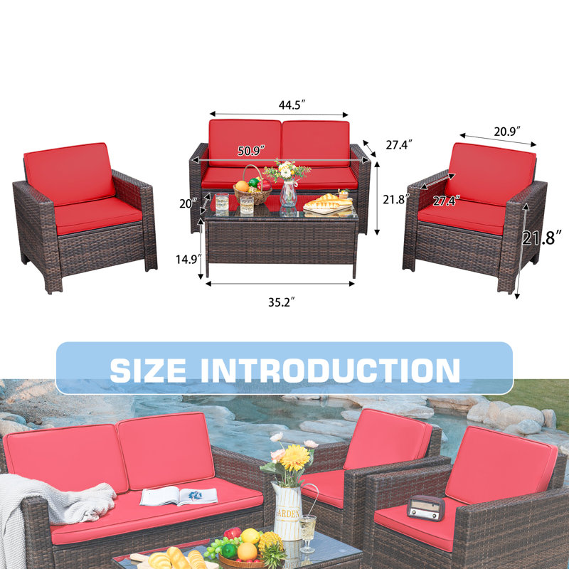 4 - Person Patio Conversation Set with Cushions, Red, Brown
