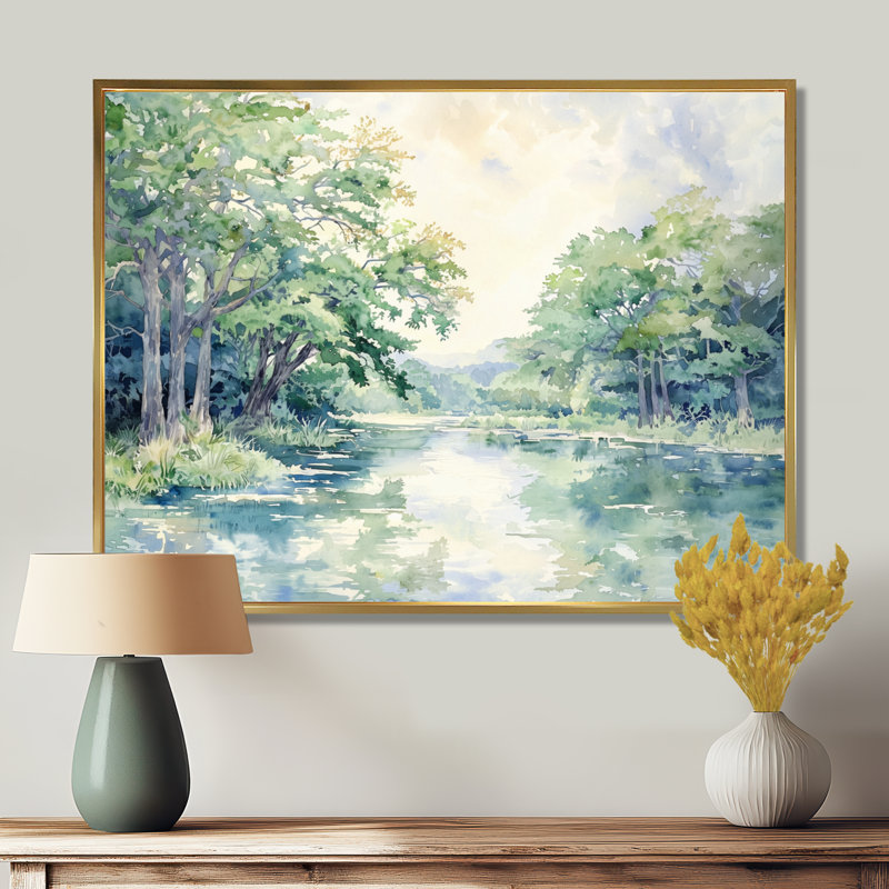 «Guadalupe River In Texas I», reproduction d'art au Texas, Cadre flottant sans passe-partout, H 30 po x l 40 po, Doré