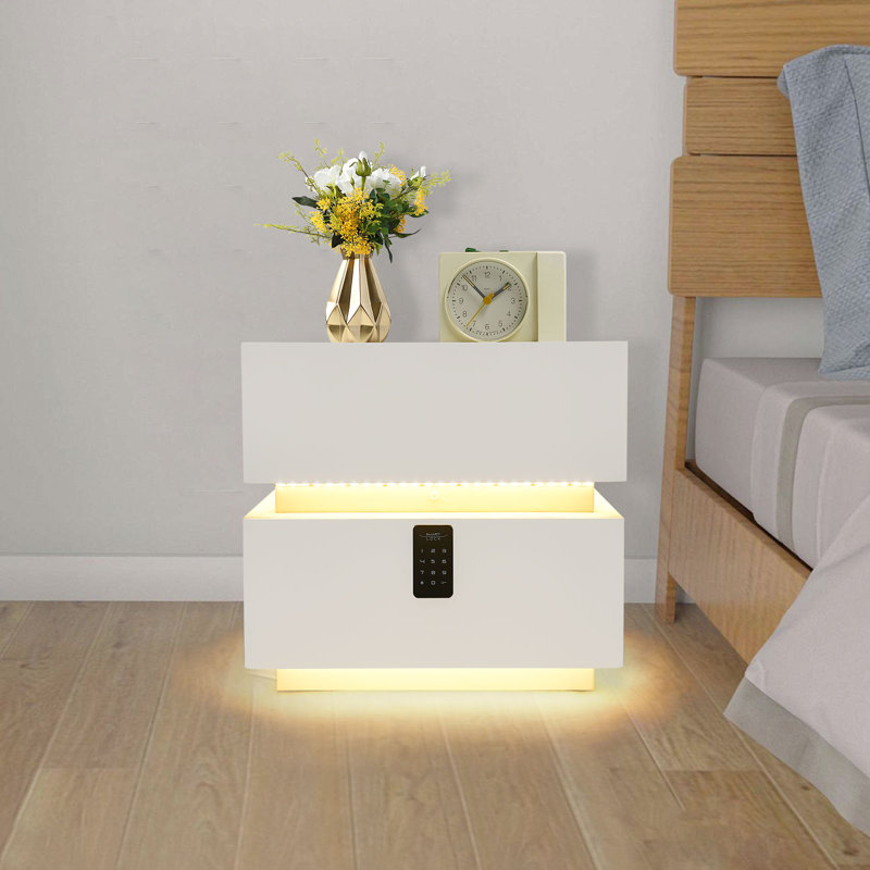 Table de chevet moderne avec station de charge sans fil, lampe à induction et verrouillage par mot de passe