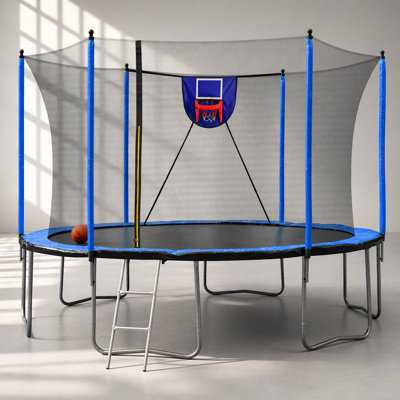 15FT Trampoline with Basketball Hoop, Inflator, Ladder, and Extra Safety Net Pole Sleeves - Blue