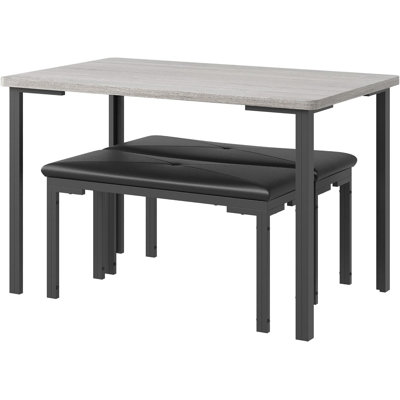 Dining Table Set for 4, 43.3" Farmhouse Table with 2 Benches, Metal Frame, Grey