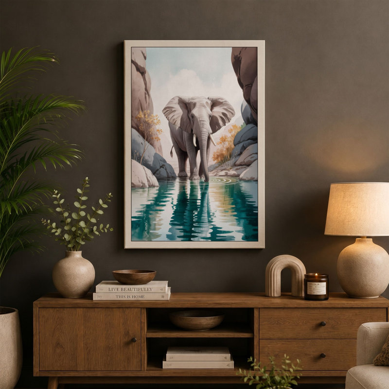 Elephant in Turquoise Modern - Wrapped Canvas, 18x12 - 45.7 x 30.5 cm, Ochre Border