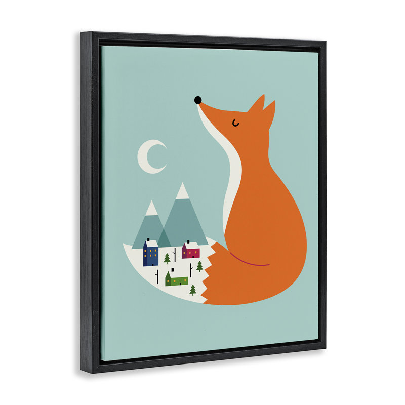 Art mural encadré, "Fox & Snowy Village", par Andy Westface, Cadre flottant noir de jais, H 21 po x l 17 po