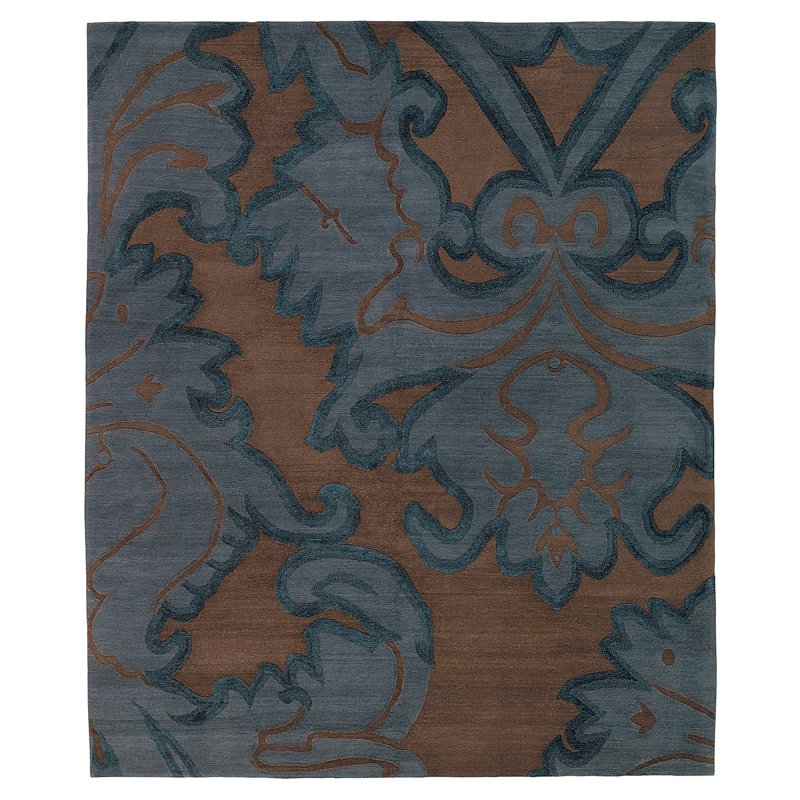 Implied Damask Area Rug in Blue/Brown, Rectangle 9' x 12'