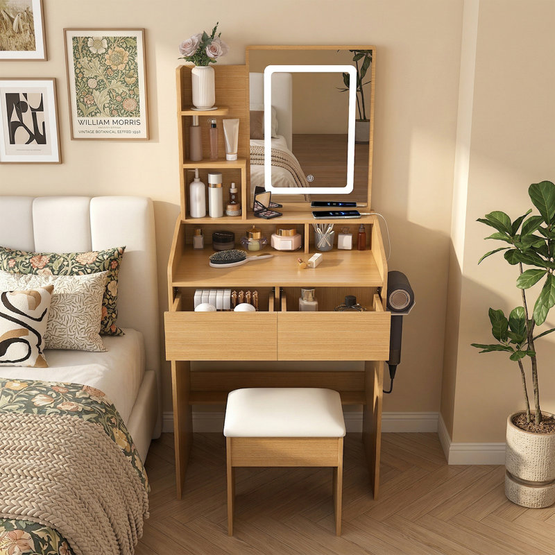 23.8" Makeup Vanity Table with LED Mirror, Build-in Power Outlet For Small Bedroom and Apartments