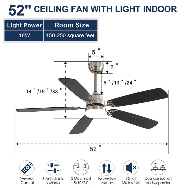 Modern 52 Inch Led Ceiling Fan With 110V 6 Speed Wind 5 Blades Remote Control Reversible DC Motor With Light, Brushed Nickel