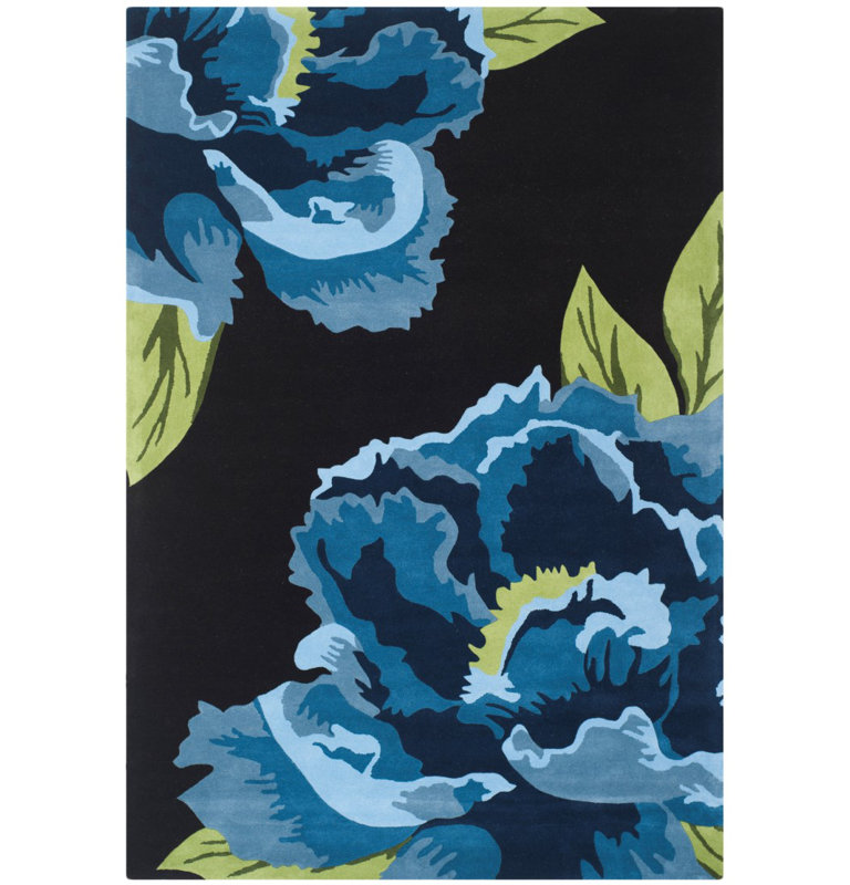 Tapis noir / bleu en laine touffeté à la main Electra, Rectangle 5 pi x 8 pi
