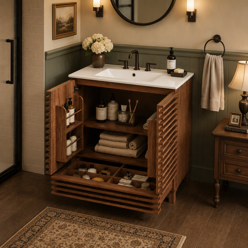 Meuble-lavabo avec lavabo en céramique, meuble indépendant à 2 portes cannelées et 1 tiroir, couleur noyer brun