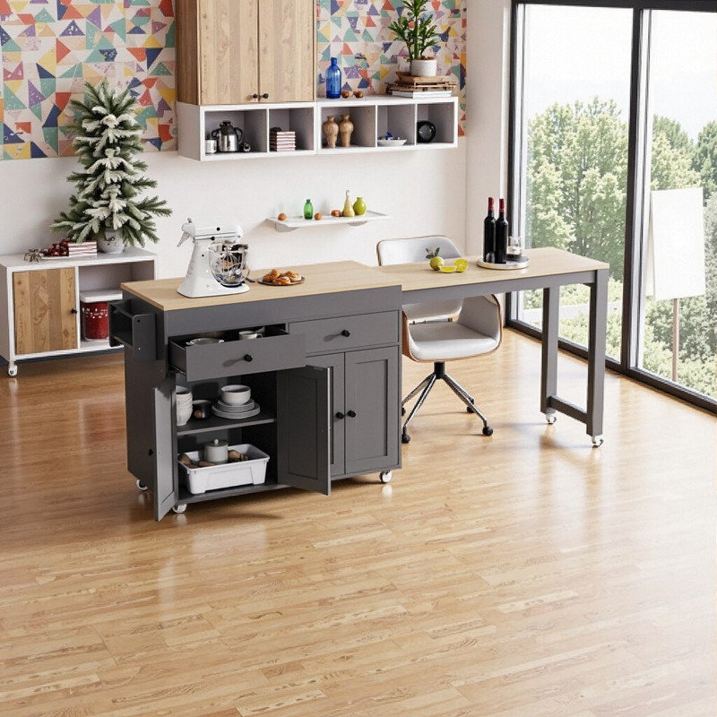 Îlot de cuisine 74,5 pouces avec table de salle à manger et chariot à roulettes sur roulettes 4 portes et 2 tiroirs