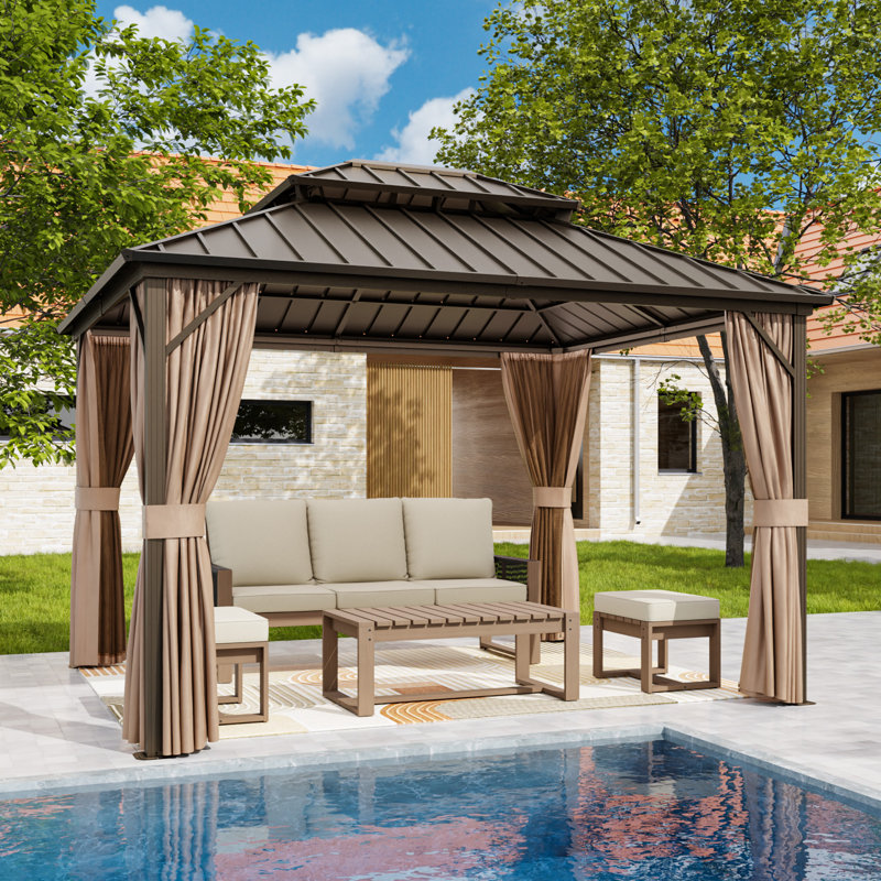Hardtop Double Roof Aluminum Patio Gazebo with Netting & Curtains, 114" H x 144" W x 120" D