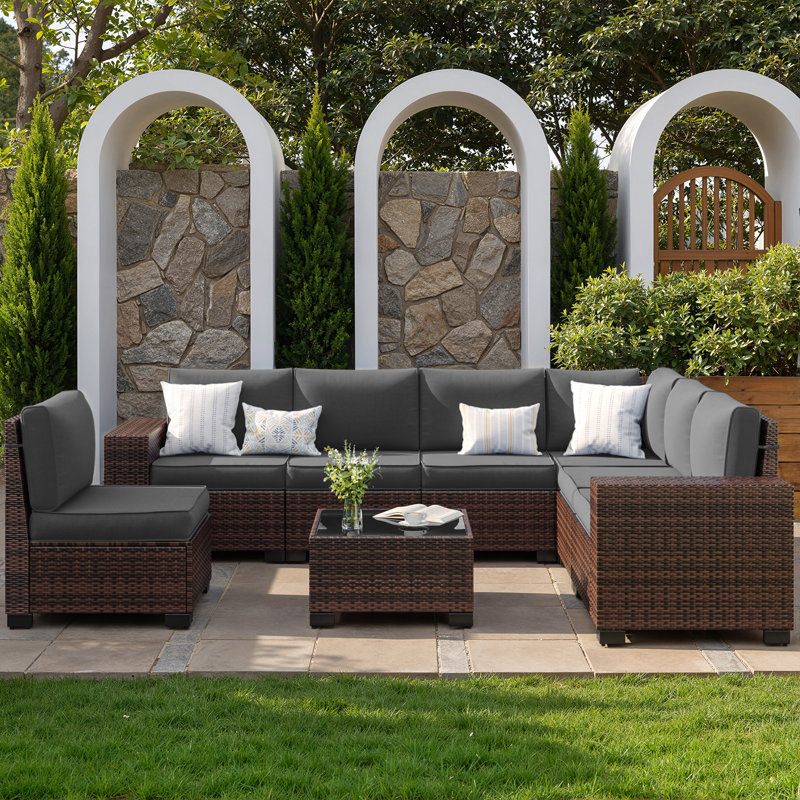  Ensemble de conversation modulaire en osier pour 7 personnes avec coussins, Gris foncé, Brun