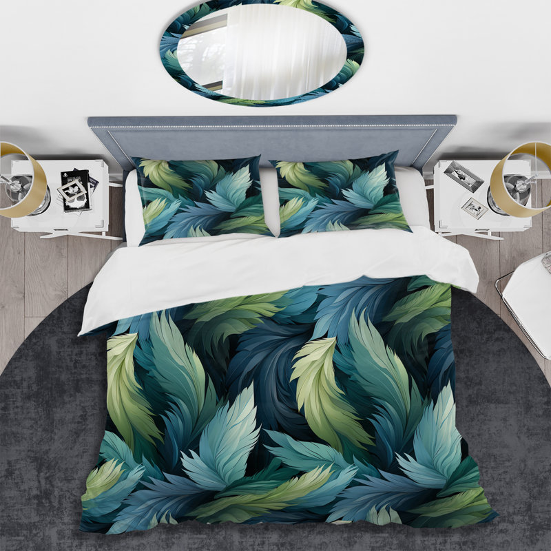 Ensemble de housse de couette bleu et bleu sarcelle à plumes de perroquet, Housse de couette simple + 1 taie décorative stan
