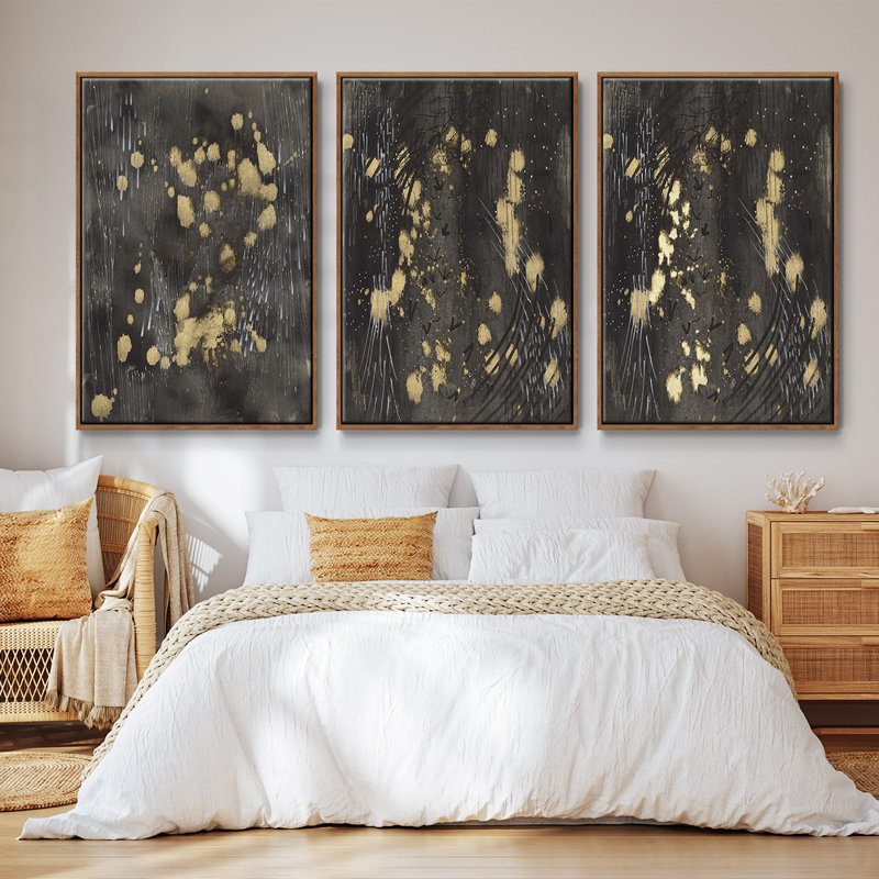 Cosmic Downpour - Ensemble de 3 cadres flottants sur toile, H 40 po x l 78 po, Noyer