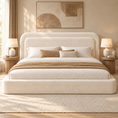 Cadre de lit California King avec tête de lit rembourrée moelleuse, cadre de lit plateforme bas recouvert de tissu infonuagique, entourage en mousse haute densité souple à 360°, aucun sommier requis, beige