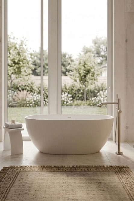 Modern white freestanding bathtub next to a floor-to-ceiling window overlooking a garden with a pedestal tub filler and a small side stool.