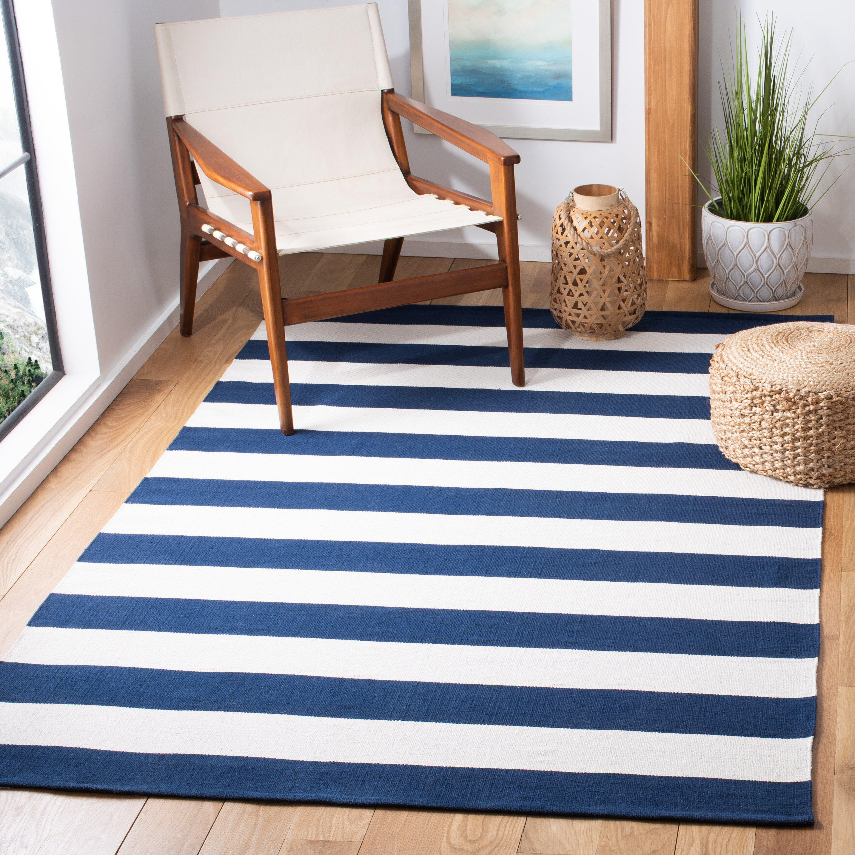 2x3,2x4 Beige and Blue Striped Modern Cotton Hand Woven online Small Size Rug