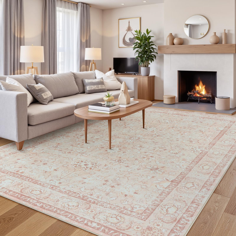 Washable Area Rugs for Living Room Boho Rug for Bedroom, Non-Slip Vintage Floral Carpet, Rectangle 9' x 12'