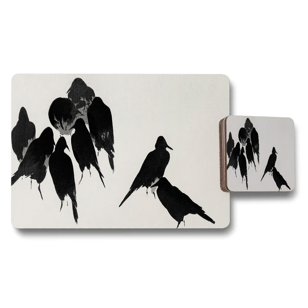 Bird Silhouettes Placemats And Coaster Set In Black On White