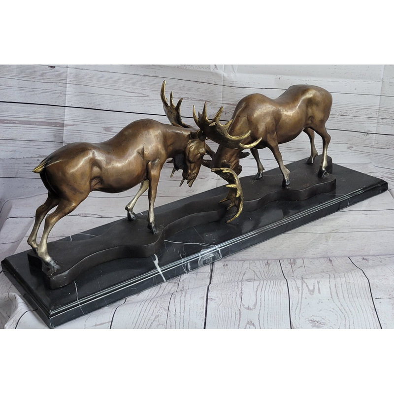 Sculpture en bronze Bull Moose Duel Dueling Bucks Fight base en marbre 11 po x 31 po