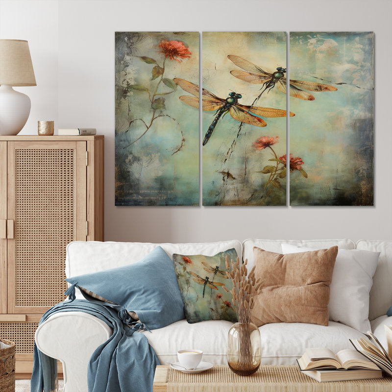 Art animalier sur toile, libellule, nature rétro - peinture rétro de libellule volante, H 32 po x l 48 po x P 1 po