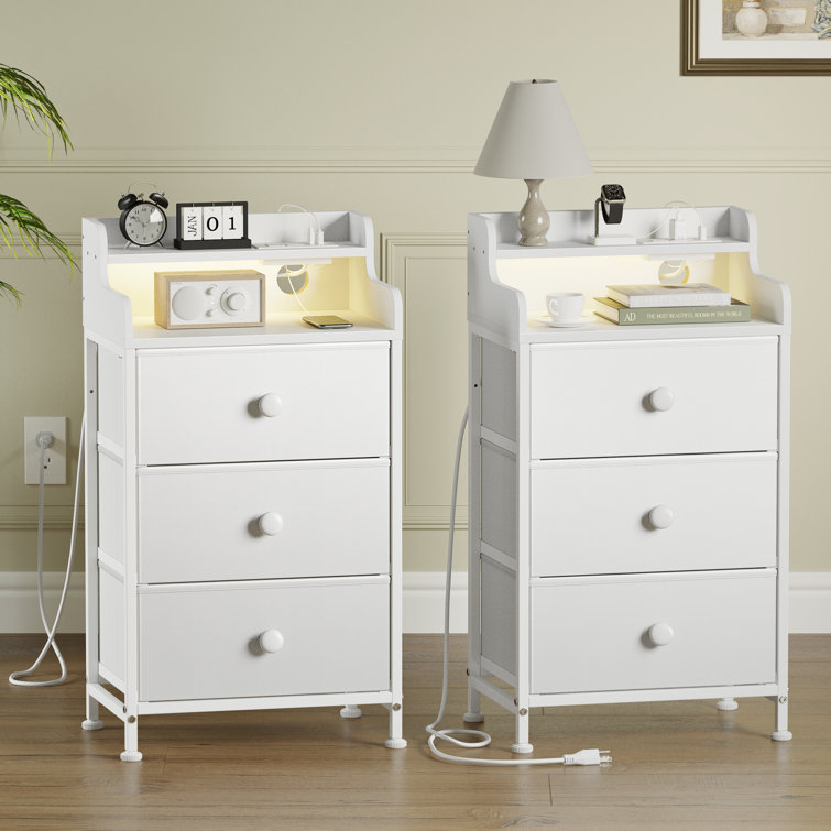Nightstand With Outlets & LED Lights, End Table With3 Drawers & 2-Tier Open Shelf, Bedside Table For Bedroom