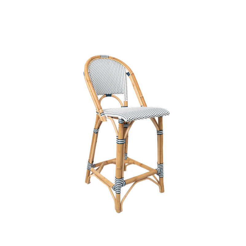 Modern Rattan Counter Stool with Curved Back – Bistro Style Manau Rattan Bar Seating, White/Navy Blue
