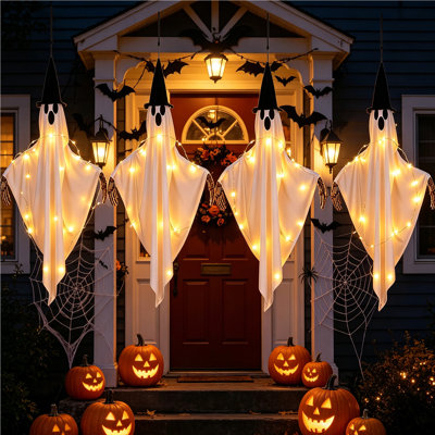 4Pcs 36 Inch High Halloween Lighted Hanging Ghosts - Set of 4 DIY LED String Light Spooky Ghost Decorations with Witch Hat Skeleton Hands for Indoor Outdoor Halloween Party Haunted House Porch Yard Tree Decor, Battery Operated
