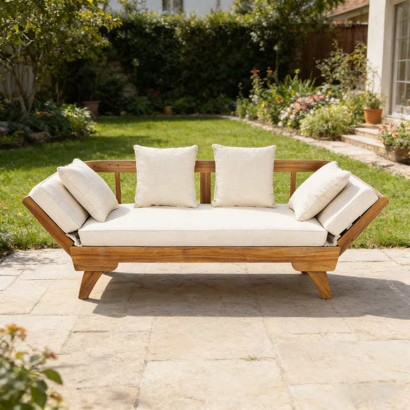 Canapé d'extérieur 3-en-1 pour patio - Structure convertible en bois d'acacia avec coussins amovibles beiges