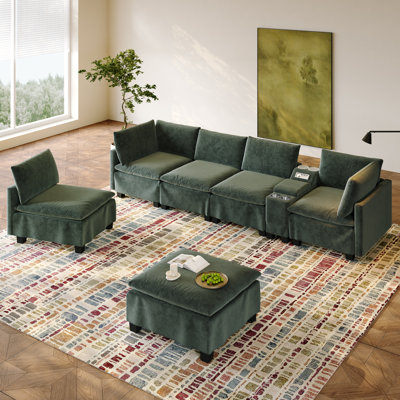 Canapé modulaire en forme de U de 121,2 po avec repose-pieds mobile, canapé-lit convertible en chenille avec rangement caché et ports USB, porte-gobelets et haut-parleur Bluetooth pour salon, appartement, vert