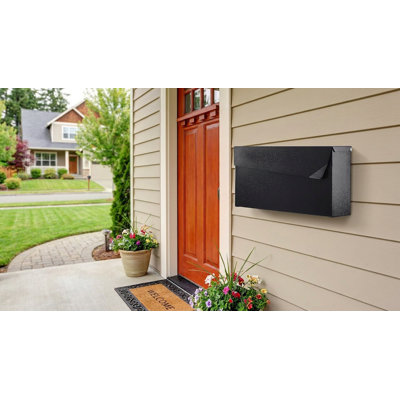 Outdoor wall-mounted large-capacity metal mailbox, made of galvanized steel with rust-proof material, measuring W14.56 inches × H7 inches × D4.13 inches, pure black.