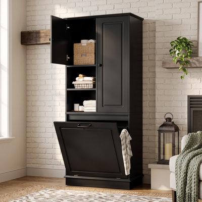 Tall Modern Storage Cabinet with Flip-Out Basket, Adjustable Shelves Enclosed Cabinets - Black