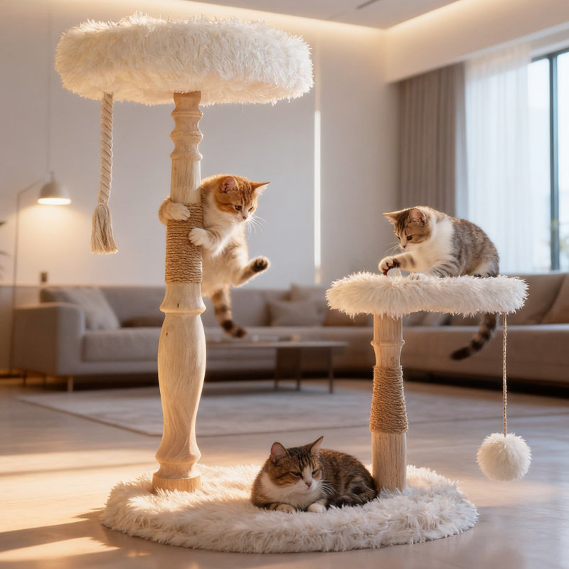 Solid Wood Cat Tree Condo, Modern Cat Tower for Indoor Cats, Wooden Cat Furniture, Sisal Scratching Posts and Hanging Toys, 33"
