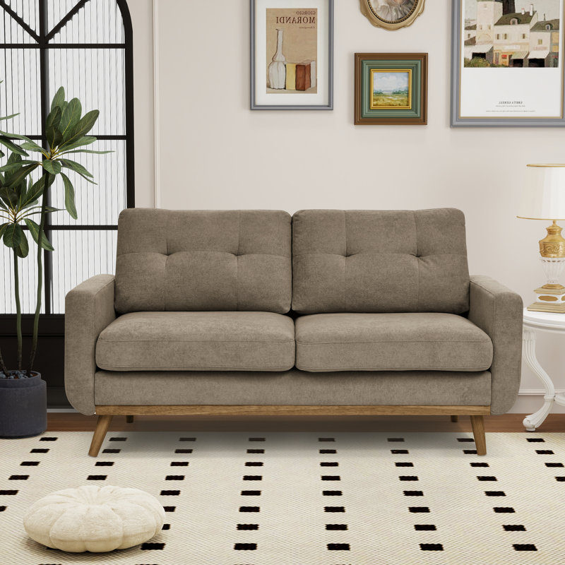 Causeuse rembourrée de style moderne Mid-Century avec pieds capitonnés en bois massif, Kaki