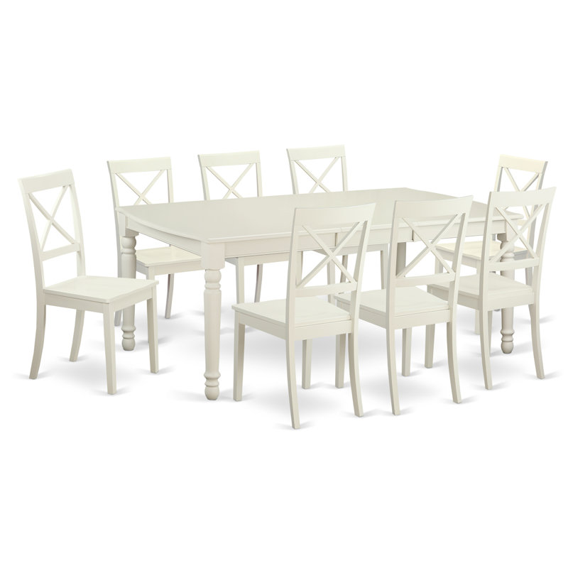 Ensemble de salle à manger 9 pièces comprenant une table de cuisine rectangulaire avec rallonge papillon et 8 chaises de salle à manger, lin blanc