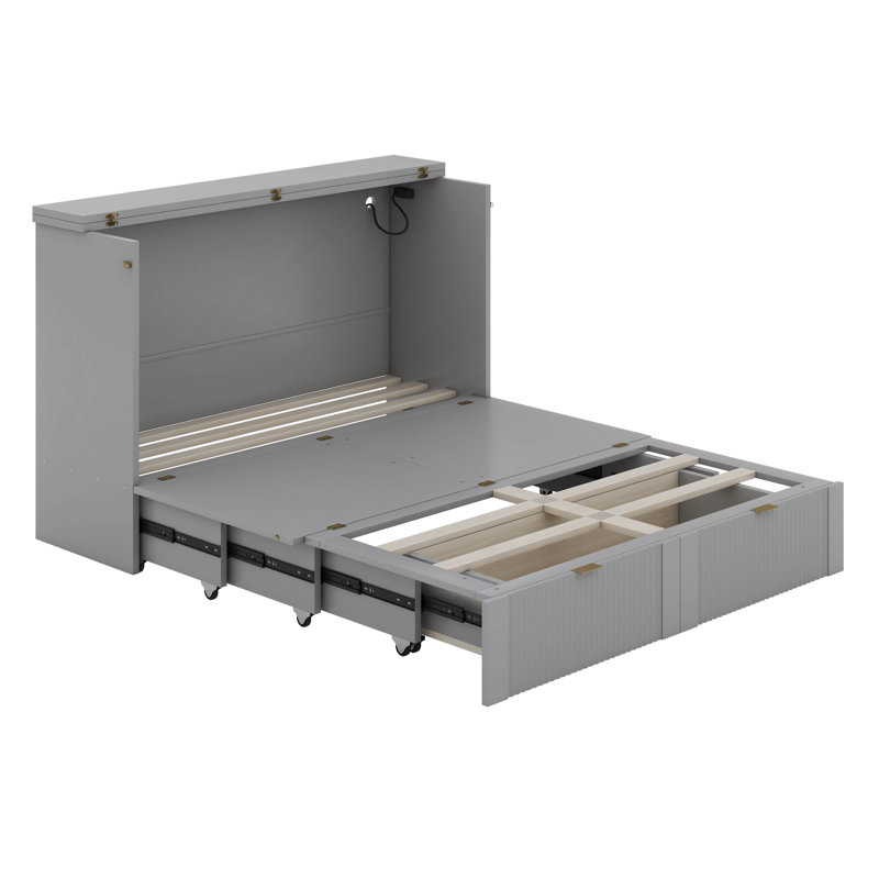 Murphy Bed Wall Bed With Drawer And USB Ports, Pulley Structure Design, Gris, Double