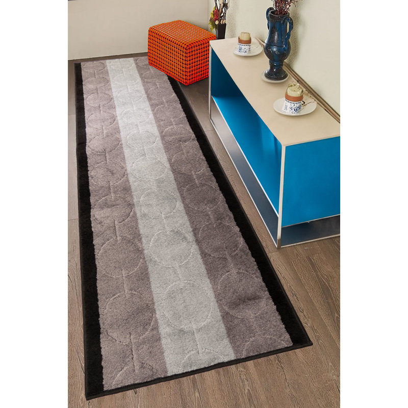 Antibacterial Soft Pile Anti Slip Indoor Runner Rug Geometric Circles Black Design for Hallway Stairway, Runner 2'2" x 15'